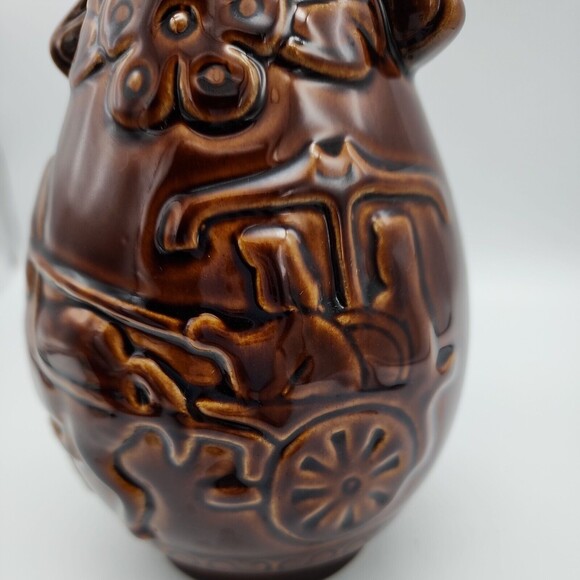 Mysterious Mold Cast Stoneware Brown Glaze Pottery Wine Decanter Monks with Flag - Picture 10 of 12